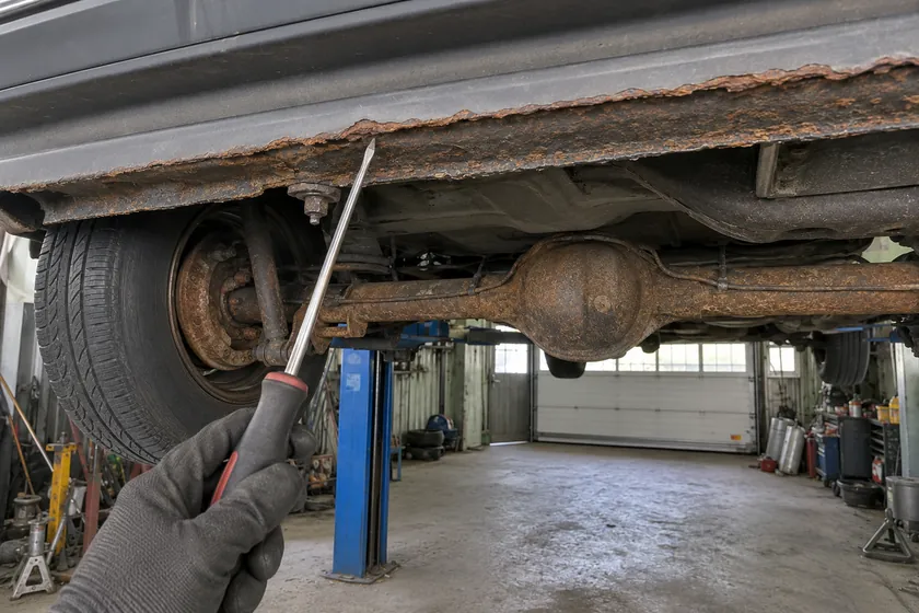 Dessous de voiture rouillé sur un pont élévateur, refusé au contrôle technique