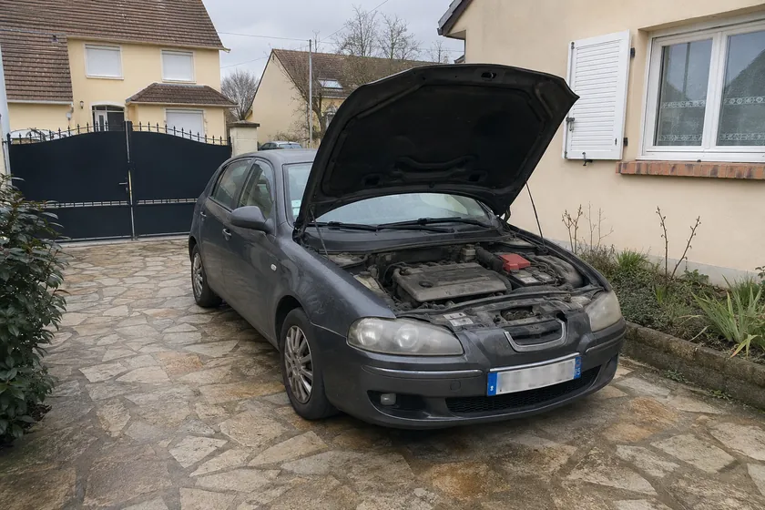 Voiture en panne capot ouvert dans une allée de pavillon