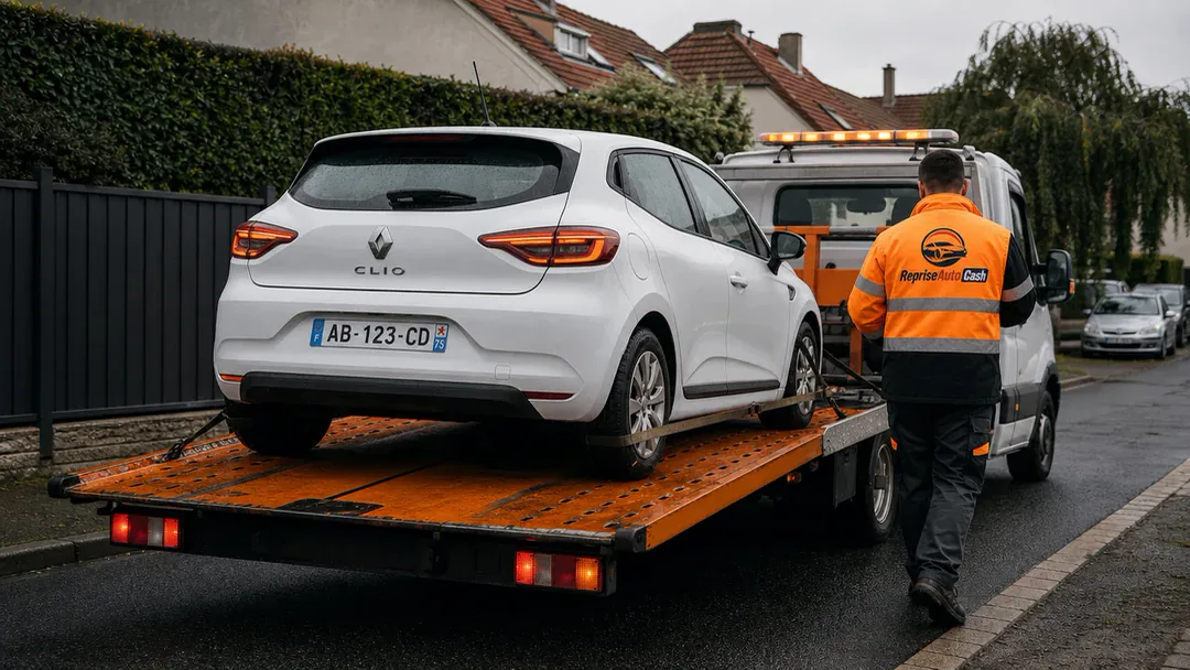 Renault Clio chargée sur le plateau RepriseAutoCash dans une rue pavillonnaire
