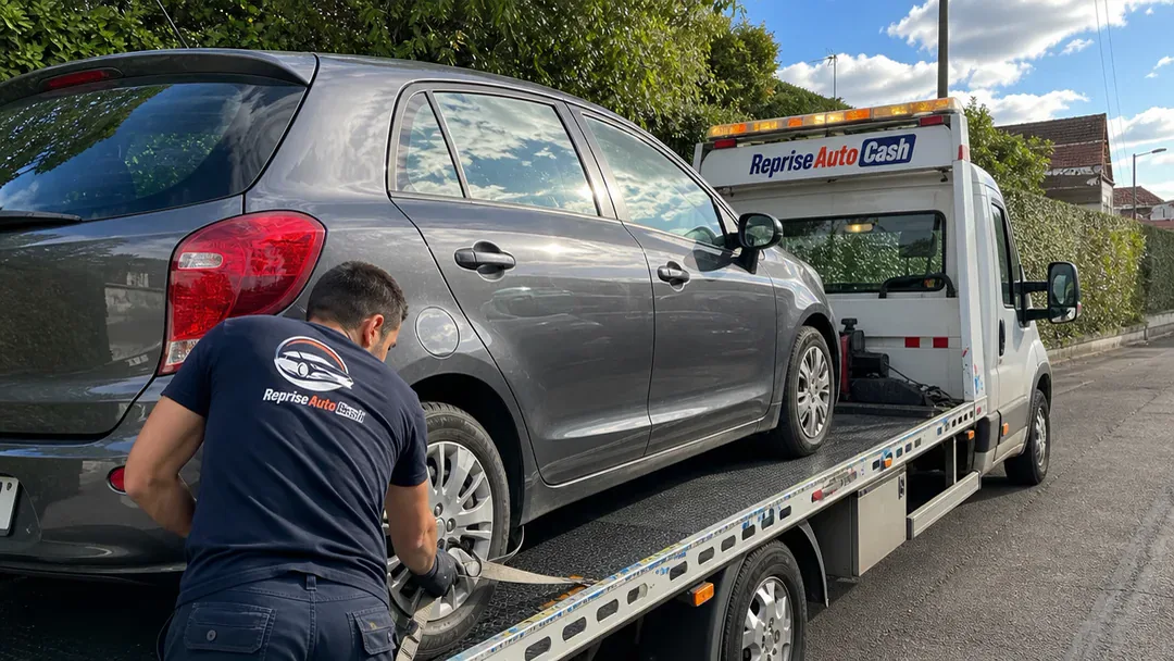Véhicule sanglé sur le plateau RepriseAutoCash avant enlèvement